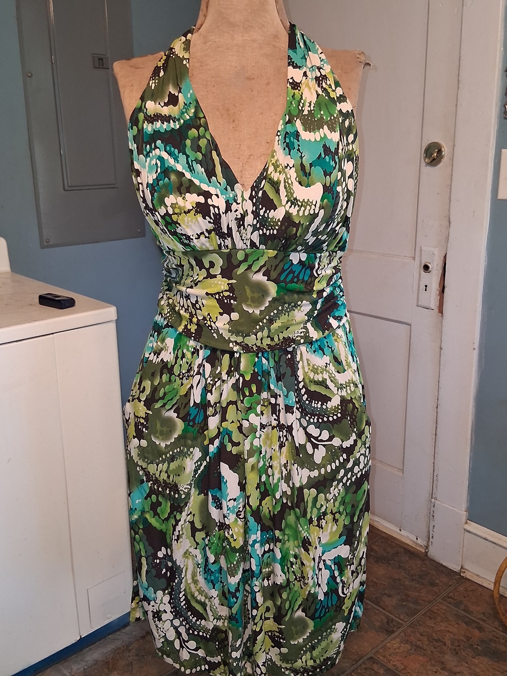 Bisou Bisou Green and Teal One-Shoulder Halter Dress